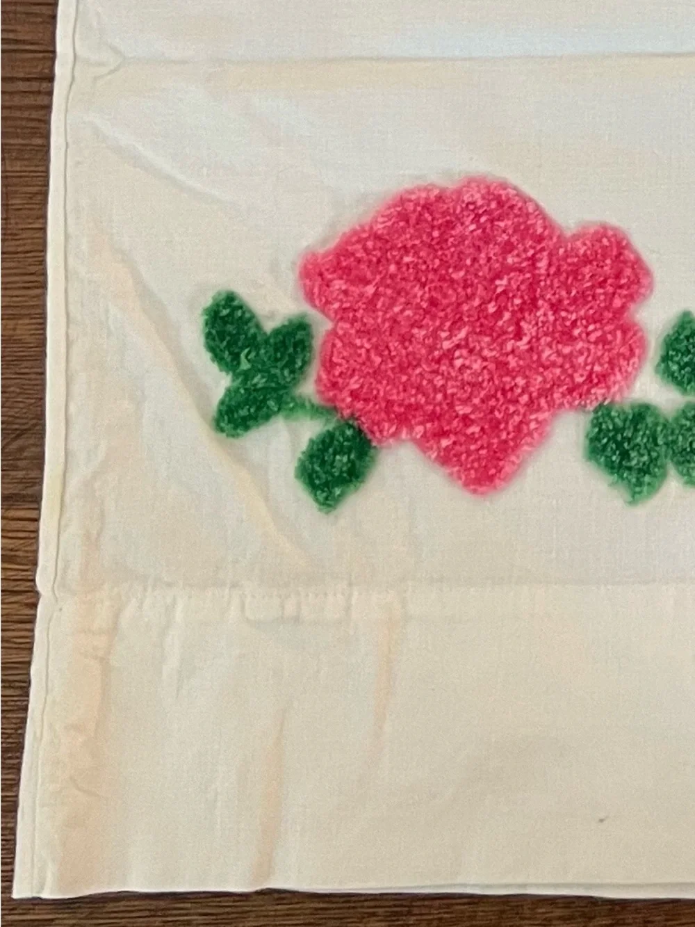 Vintage Pillowcases 20x30 Chenille Floral Accents Hot Pink & Christmas Green